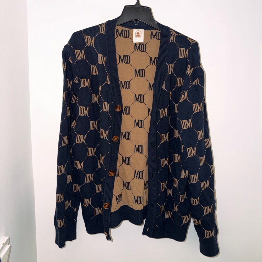 Dandy Del Mar Men's Navy & Tan Patterned Button Sweater - Size L.